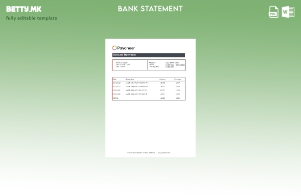 Модерен стил USA Payoneer банкарски извод на ексел шаблон